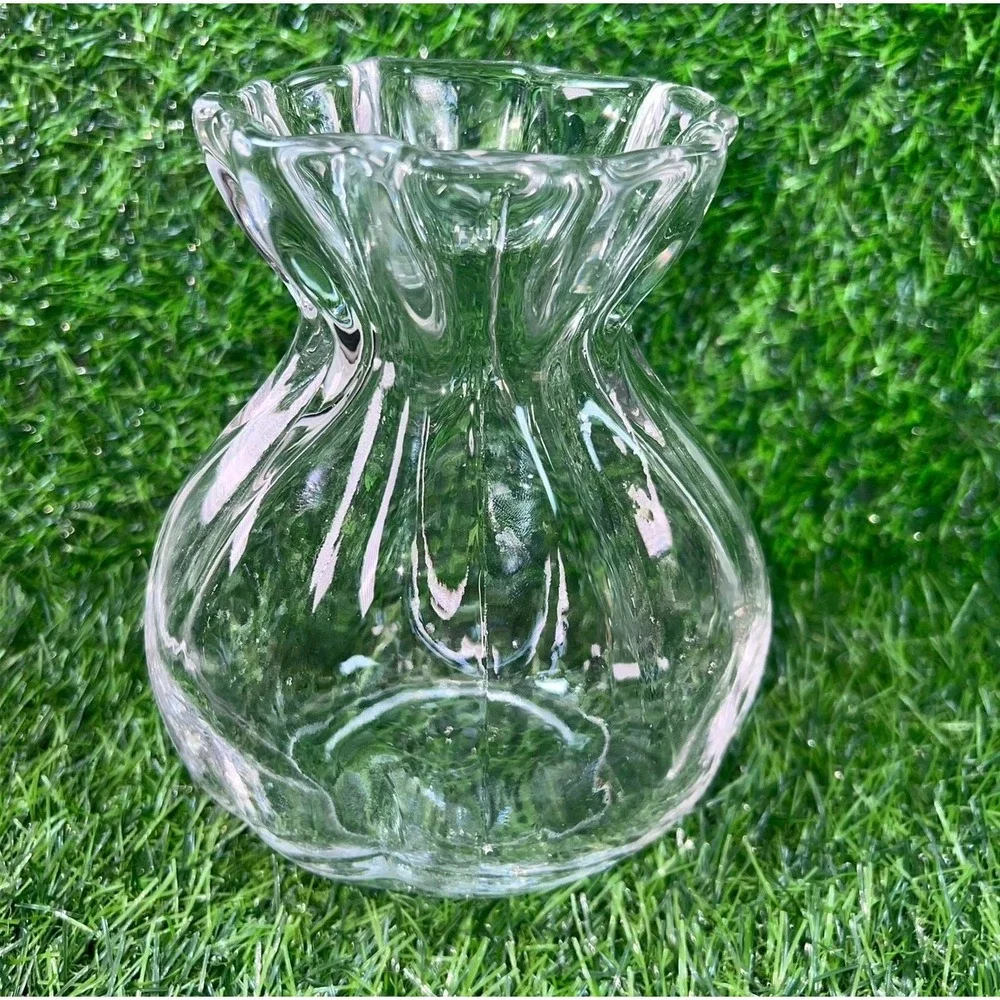 Clear Glass Drawstring Bag Pouch Vase Ruffled Rim Ribbed Texture 7in